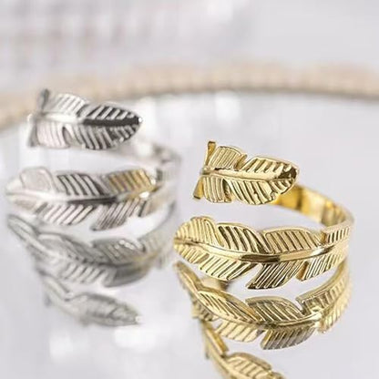 Adjustable Stainless Steel Feather Leaf Ring for Women Men - color: Silver
