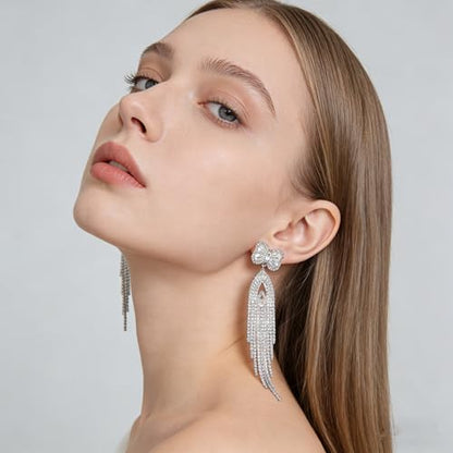 Rhinestone Earrings Dangling for Women Sparkly Silver Dangle Earrings Girls Long Chandelier Earrings Tassel Lightweight Ear Studs Cubic Zirconia (KE001S-W) - color: Bow YXE039PL-W