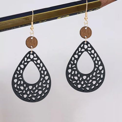 NONQL Handmade Lightweight Bohemian Retro Hollow Wooden Round Earrings Boho Big Teardrop Oval Circle Dangle Earrings for Women Statement Geometric Jewelry