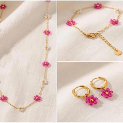 Daisy Pearl Jewelry Set for Women, 14K Gold Plated Stainless Steel Necklace Bracelet Earring 3 Piece Set, Dainty Pearl Choker Flower Necklace Birthday Gift for Her - color: Rose Red + Pearl White