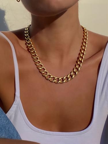 ChainsPro Cuban Link Chain for Women,Stainless Steel Chunky Necklace Silver/Gold Plated Thick Chain Choker, 12/16/20 mm Width,18" and 20" Punk Hip Hop Trendy Non Tarnish Jewelry Gifts - color: Gold Plated, style: 12mm-20"