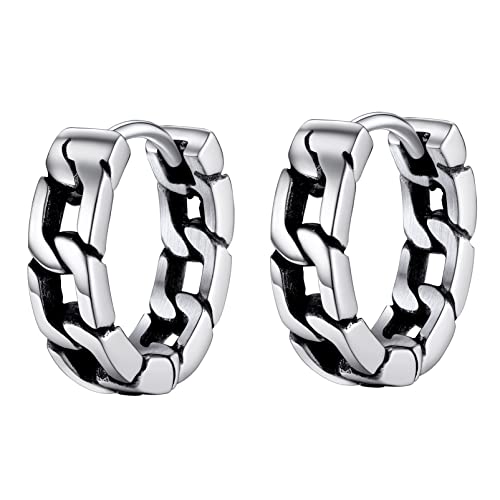 PROSTEEL Stainless Steel Huggie Hoop Earrings for Mens Gold/Black/Silver | Skull/Infinity Pattern, Spike/Cuban Links 4 Design Options Hypoallergenic Lightweight Earring Hip Hop Punk Gothic Jewelry - style: Cuban Links-Silver