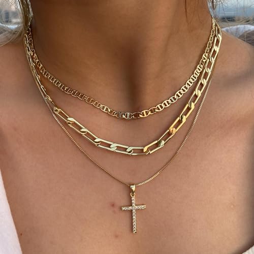 Cross Necklace for Women,Stackable Stacked Stacking Layering Layered Necklaces Dainty Gold Necklace Paperclip Box Flat Mariner Chain Necklace Cross Pendant CZ Diamond Simple Jewelry Gift - color: GD