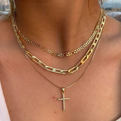 Cross Necklace for Women,Stackable Stacked Stacking Layering Layered Necklaces Dainty Gold Necklace Paperclip Box Flat Mariner Chain Necklace Cross Pendant CZ Diamond Simple Jewelry Gift - color: GD