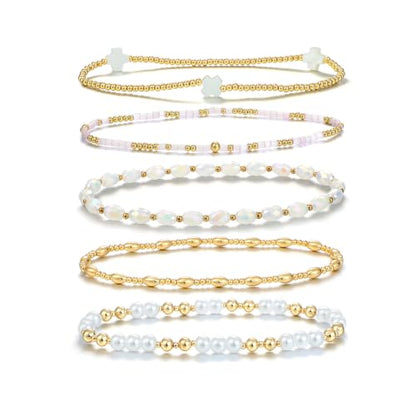 Dainty Gold Plated Pearl Crystal Beaded Bracelets Set for Women 14K Gold Plated Bead Pearl Beads Bracelet Stackable Paperclip Link Chain Bracelets Gold Plated Bracelets for Women Trendy Jewelry - color: Style4-gold bracelets set2