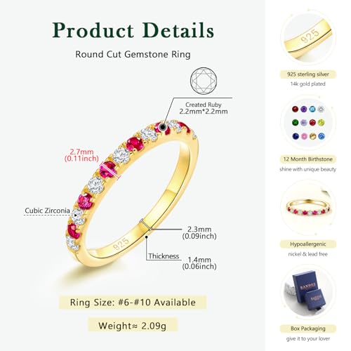 Birthstone Rings Eternity Band 925 Sterling Silver/Yellow Gold-Plated Created Gemstone Stackable Wedding Band 2.7mm Thin Half Eternity Rings for Women Size 6 to 10 - color: 07-Ruby-Jul.