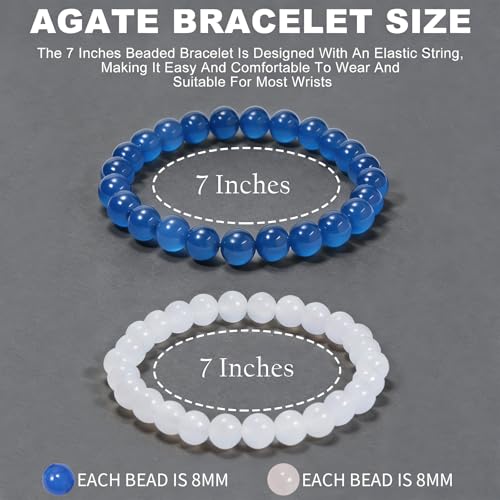 2PCS Agate Bracelet for Women Men Natural Round Beaded Agates Stone Healing Stretch Bracelets Elastic Handmade Polished Gemstone Beads Bracelet - color: White+Blue, size: 8mm Beads