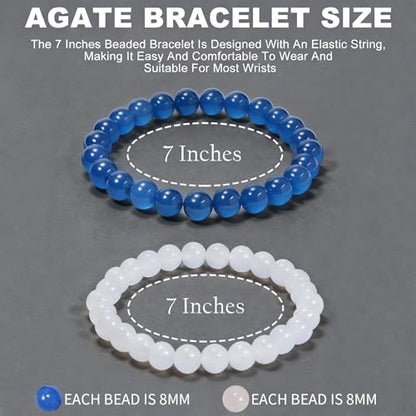 2PCS Agate Bracelet for Women Men Natural Round Beaded Agates Stone Healing Stretch Bracelets Elastic Handmade Polished Gemstone Beads Bracelet - color: White+Blue, size: 8mm Beads