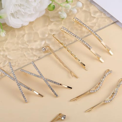 16 Pcs Gold Hair Pins Decorative I S X Shaped Diamond Hair Accessories Gold Rhinestone Bobby Pins Set Fancy Metal Hairs Clips Crystal Shiny Barrettes for Women Wedding Prom Party