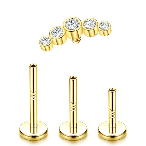 LOLIAS 16G G23 Titanium Tragus Conch Helix Piercing Jewelry 6mm 8mm 10mm - Internally Threaded Flat Back Stud Cartilage Earrings Hypoallergenic Forward Earlobe Labret Tragus Piercing Jewelry - color: 5 CZ-14K Gold