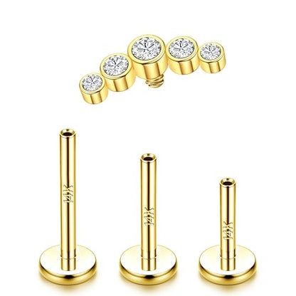 LOLIAS 16G G23 Titanium Tragus Conch Helix Piercing Jewelry 6mm 8mm 10mm - Internally Threaded Flat Back Stud Cartilage Earrings Hypoallergenic Forward Earlobe Labret Tragus Piercing Jewelry - color: 5 CZ-14K Gold