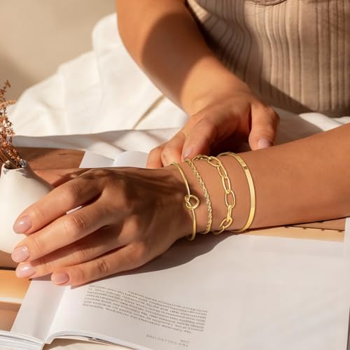 14K Gold Plated Stackable Bangle Bracelets Set for Women | Cuff Bracelet Stackable Bangles Bracelet for Women Trendy Fashion Accessories Tie Knot Cuban Rope Paperclip Beaded Bracelets - color: 4-layer GD