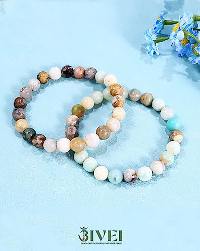 Bivei Natural Crystals Gemstone Healing Stretchy Round Beaded Bracelet | 8MM Semi Precious Beads Bracelet, Handmade Spiritual Jewelry Gift for Women Men,Enhance Positive Energy - color: 8mm Bamboo Leaf Agate & Amazonite (Good Luck), size: Large: 8-8.26 in