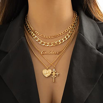 CSIYANJRY99 Layered Gold Necklaces for Women Chunky Gold Necklace Stack Layered Cuban Paperclip Snake Chain Necklace Retro Coin Dainty Pendant Toggle Clasp Necklace - style: Gold Goddess