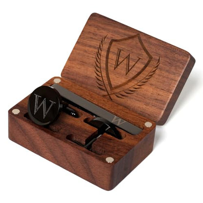 Mens Initial Cufflinks and Tie Clip A-Z Alphabet Letter Black Stainless Cuff Links Tie Bar with Engraved Walnut Wood Box Groom Groomsman Wedding Set - style: Classic-W