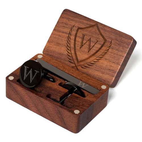 Mens Initial Cufflinks and Tie Clip A-Z Alphabet Letter Black Stainless Cuff Links Tie Bar with Engraved Walnut Wood Box Groom Groomsman Wedding Set - style: Classic-W