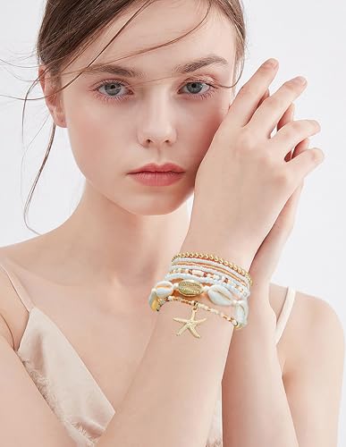 LALAPPLE Shell Bracelet Boho Beaded Stretch Bracelets for Women Seashell Strand Bracelets Starfish Charm Jewelry Summer Beach Jewelry Stackable Crystal Gold Plated Beads Bracelet for Women - style: Style2