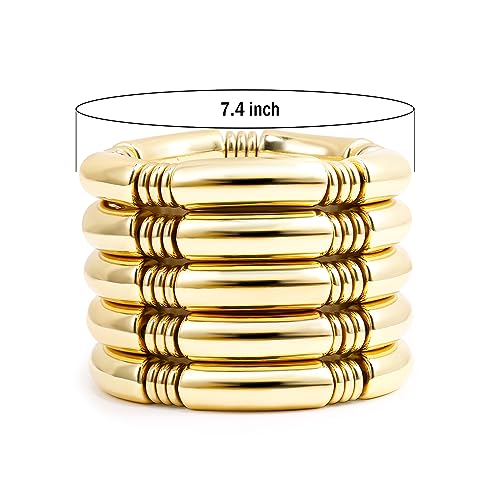 Gold Chunky Bangles Bracelets For Women 14k Gold Plated Stack Layered Curved Bamboo Tube Stretch Bracelets Gift Jewelry - color: 5pcs Gold