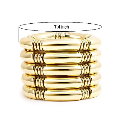 Gold Chunky Bangles Bracelets For Women 14k Gold Plated Stack Layered Curved Bamboo Tube Stretch Bracelets Gift Jewelry - color: 5pcs Gold