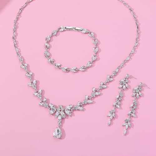 Paxuan Wedding Jewelry Sets for Bride Bridesmaid Bridal Jewelry Set for Women Wedding Crystal Necklace Earrings Bracelet Set for Party Prom Jewelry - color: White - Silver