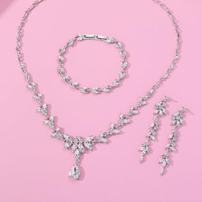 Paxuan Wedding Jewelry Sets for Bride Bridesmaid Bridal Jewelry Set for Women Wedding Crystal Necklace Earrings Bracelet Set for Party Prom Jewelry - color: White - Silver