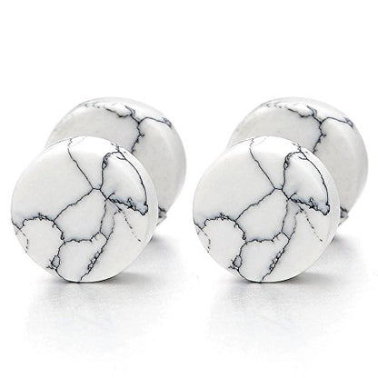 2pcs Marble Stud Earrings Men Women, Steel Cheater Fake Ear Plugs Gauges Illusion Tunnel - color: A-White Color, size: Wide:6MM