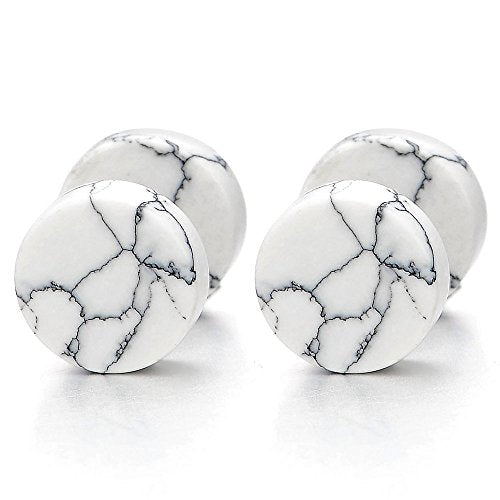 2pcs Marble Stud Earrings Men Women, Steel Cheater Fake Ear Plugs Gauges Illusion Tunnel - color: A-White Color, size: Wide:6MM