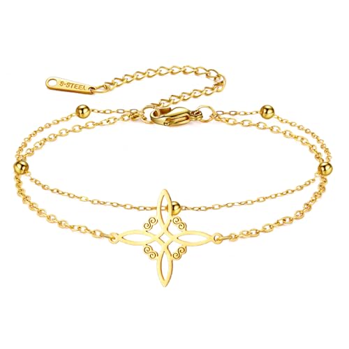 TEAMER Dainty Witches Knot Anklet Bracelet Stainless Steel Adjustable Double Layer Beads Chain Bracelet Amulet Vintage Jewelry For Women - color: Gold