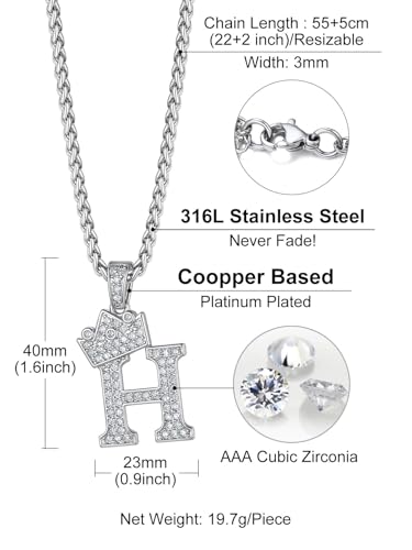 Richsteel Silver Crown Initial A-Z Letter Pendant Necklace for Men Women | Cubic Zirconia Monogram, 316L Steel Chain, 22" + 2" Extender,Hypoallergenic,Gift Box, Hip Hop Jewelry - style: H