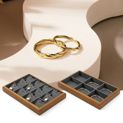 Oirlv Wood Jewelry Tray 6-Compartment Dark Grey | Dark Grey Solid Wood Frame, Soft Microfiber Lining, 9.84X17X1.18in with 6 Compartments, Holds Rings/Earrings/Bracelets - color: Grey, size: 6 grid