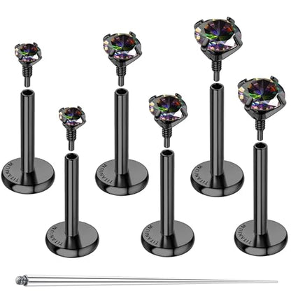 G23 Implant Grade Titanium Flat Back Earrings 16G/18G/20G | 3 Pairs Astm F136 Hypoallergenic Flatback Earrings Internally Threaded Studs for Nose, Helix, Tragus, Conch, Labret Piercing - color: Black, size: 18G(1.0MM) Bar-6/7/8mm & CZ-2/3/4mm