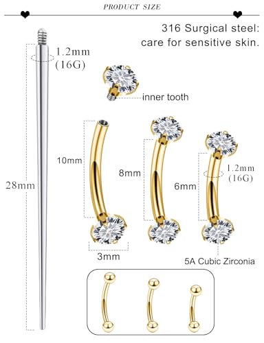18G 16G 14G Eyebrow Ring Piercing Jewelry Surgical Steel Internal Thread Vertical Labret Lip Ring Rook Daith Earrings Belly Button Ring Piercing Jewelry for Women Men Silver Black Gold - color: Gold, size: 16 Gauge