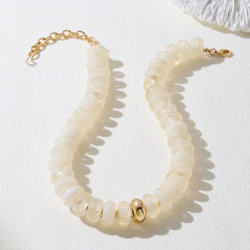 Beaded necklace for Women Boho Bead Gemstone Chunky Necklace Big Bead Necklace Fashion Trendy Summer Necklaces Jewelry Gifts - color: White&GD Beaded