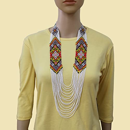 Handmade Native American Style Tribal ethnic Seed Bead Beaded Layered Medallion Necklace - color: White