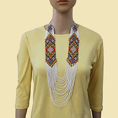 Handmade Native American Style Tribal ethnic Seed Bead Beaded Layered Medallion Necklace - color: White