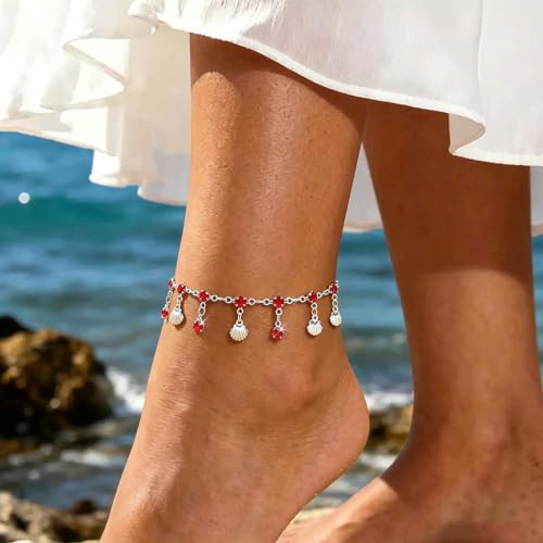 Yalice 925 Silver Plated Charm Chain Ankle Bracelets for Women Dainty Fringe Waterproof Anklets Boho Beach Wedding Foot Jewelry - color: Red
