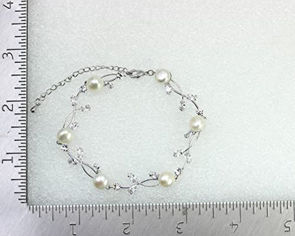 Faship Genuine Freshwater Pearls Floral Necklace Earrings Set | Premium CZ Crystal, Gorgeous, Sparkling - color: Clear / Matching Bracelet
