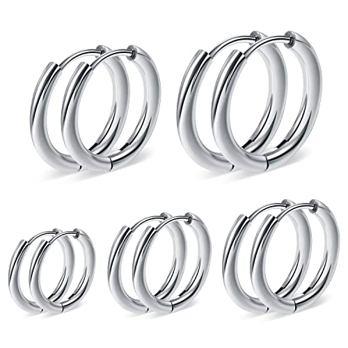 Silver Gold Hoop Earrings for Women Men, 316L Surgical Stainless Steel Huggie Hoop Earrings Set Hypoallergenic Small Cartilage Earrings Lightweight Hoop Earrings Huggie Set - color: Silver--12/14/16/18/20mm