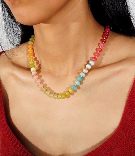 Gemstone Beaded Necklace for Women Colorful Natural Stone Freshwater Pearl Surfer Beach Rainbow Necklace Jewelry Gift - color: colorful -04