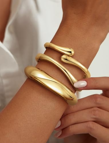 8YEARS Chunky Gold Bangle Bracelets for Women, 14k Gold Plated | Cuff Bangles, Stack Bracelet Set, Wide Trendy Fashion, Jewelry Gifts - color: C-Gold-3PCS