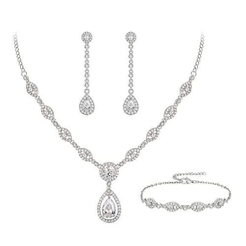 EVER FAITH Bridal Jewelry Set for Women, Stunning Teardrop Cubic Zirconia Birthstone Necklace Bracelet Earrings Sets Gift for Mothers Day/Valentines/Birthday/Christmas - color: Clear