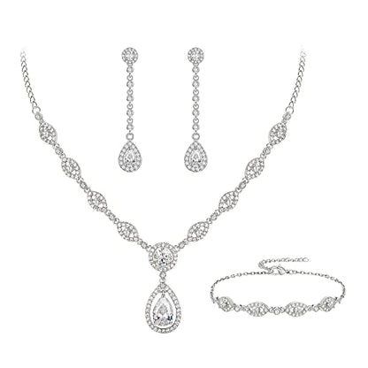 EVER FAITH Bridal Jewelry Set for Women, Stunning Teardrop Cubic Zirconia Birthstone Necklace Bracelet Earrings Sets Gift for Mothers Day/Valentines/Birthday/Christmas - color: Clear