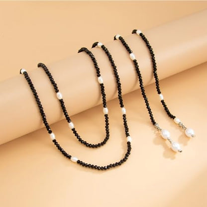 Long Wrap Necklaces for Women Dainty Layered Pearl Chain Necklace Turquoise Wrap Necklaces Long Lariat Necklace Statement Y-shaped Beaded Choker Trendy Costume Jewelry Accessories - color: Black pearl