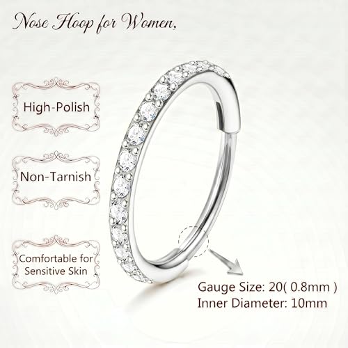 Staligue Nose Hoop ring - 316L Surgical Steel Nose Ring 16/18/20G Hinged Diamond Nose Ring Hoop Septum Clicker Rings Cartilage Earring Helix Rook Tragus Daith Piercing Jewelry for Women 6MM/8MM/10MM/12MM - color: Silver, size: 20G-10MM