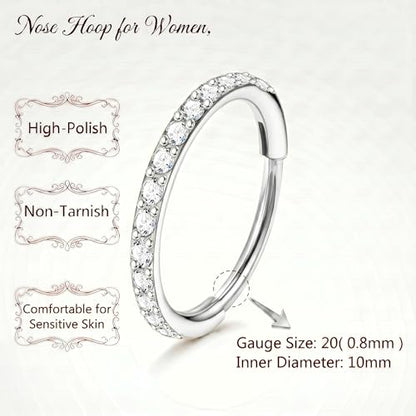 Staligue Nose Hoop ring - 316L Surgical Steel Nose Ring 16/18/20G Hinged Diamond Nose Ring Hoop Septum Clicker Rings Cartilage Earring Helix Rook Tragus Daith Piercing Jewelry for Women 6MM/8MM/10MM/12MM - color: Silver, size: 20G-10MM