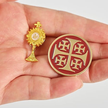 Catholic Enamel Pin Set, 2 Pack, Jerusalem Cross & Eucharistic Monstrance IHS, Gold, Religious Lapel Pins, Faith Gifts for Men & Women