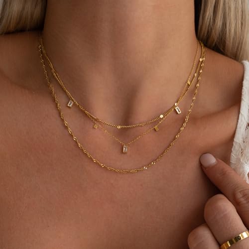 Layered Necklaces for Women, Dainty Gold Necklace Stack 14k Gold Plated Layering CZ Chain Choker Necklaces for Women Trendy Simple Non Tarnish Gold Necklaces Set Fashion Bridal Prom Jewelry - color: set1