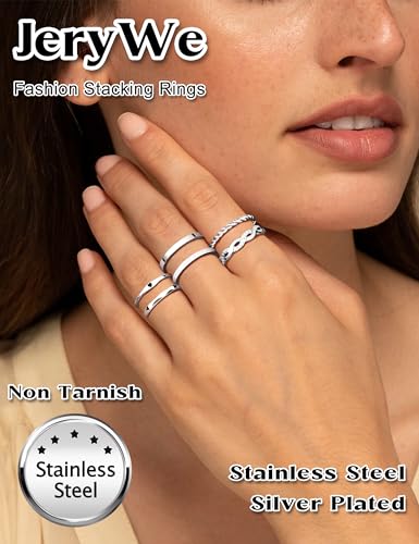 JeryWe 6 Pcs Stainless Steel Rings for Women Set Knuckle Rings Stackable Simple Carve Heart Wedding Bands Engagement Promise Eternity Bands Thumb Rings for Women - color: Silver Plated