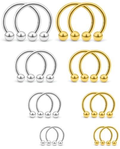16PCS 16G Multiple Different Sizes Horseshoe Barbell Surgical Steel Nose Septum Rings Hoop Daith Earring Eyebrow Helix Vertical Lip Piercing Jewelry for Women Men - color: 16pcs,16g,diameter:6-12mm,3#