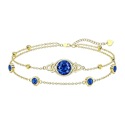Midari 18K Gold Irish Infinity Celtic Knot Birthstone Layed Anklet Bracelet with 12 Months Birthstone Birthday Jewelry Gifts for Women Mom - color: 09-Sapphire, size: Bracelet 7"-9"